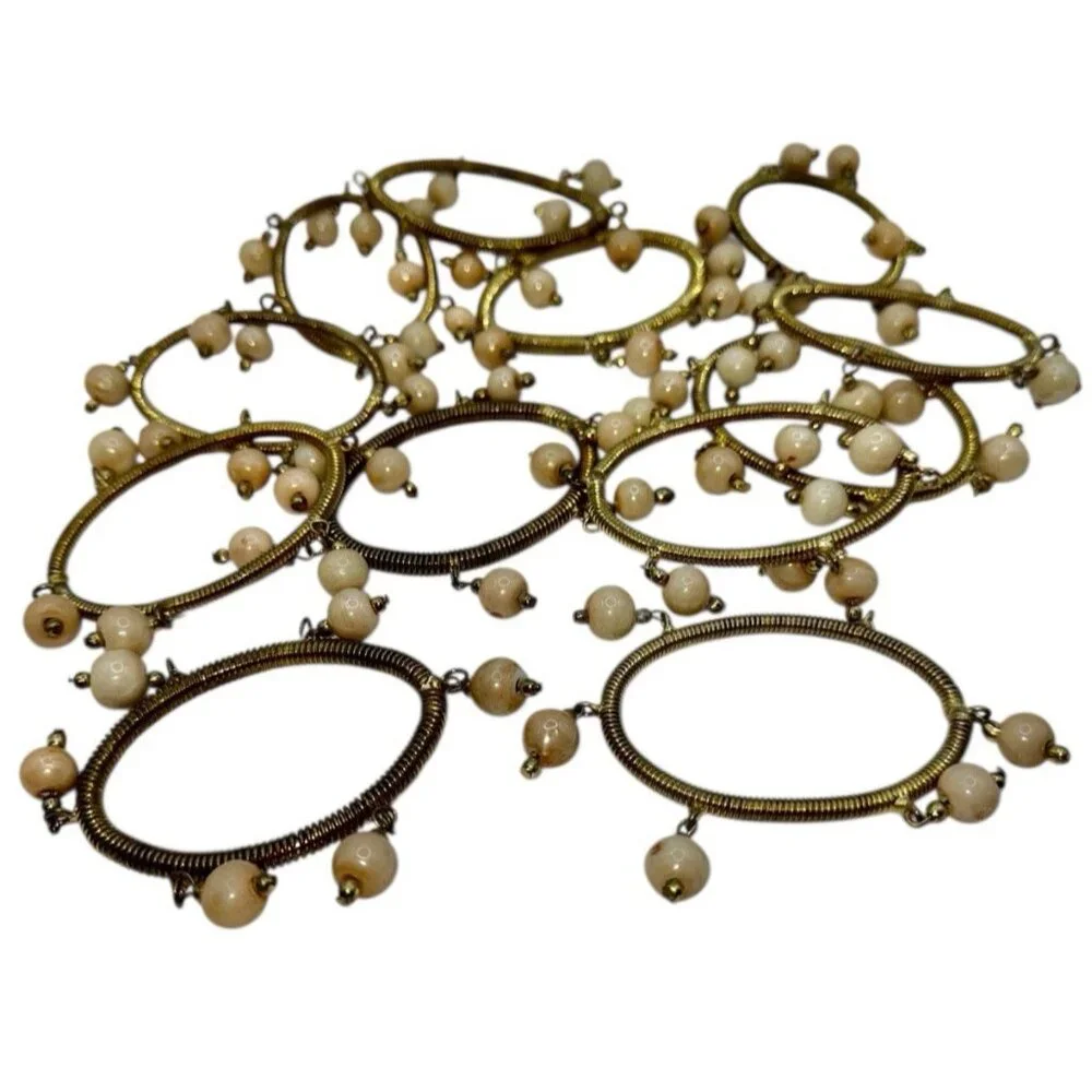 12 Napkin Rings Gold Brass Oval Cream Beaded Table Decor Thanksgiving Christmas